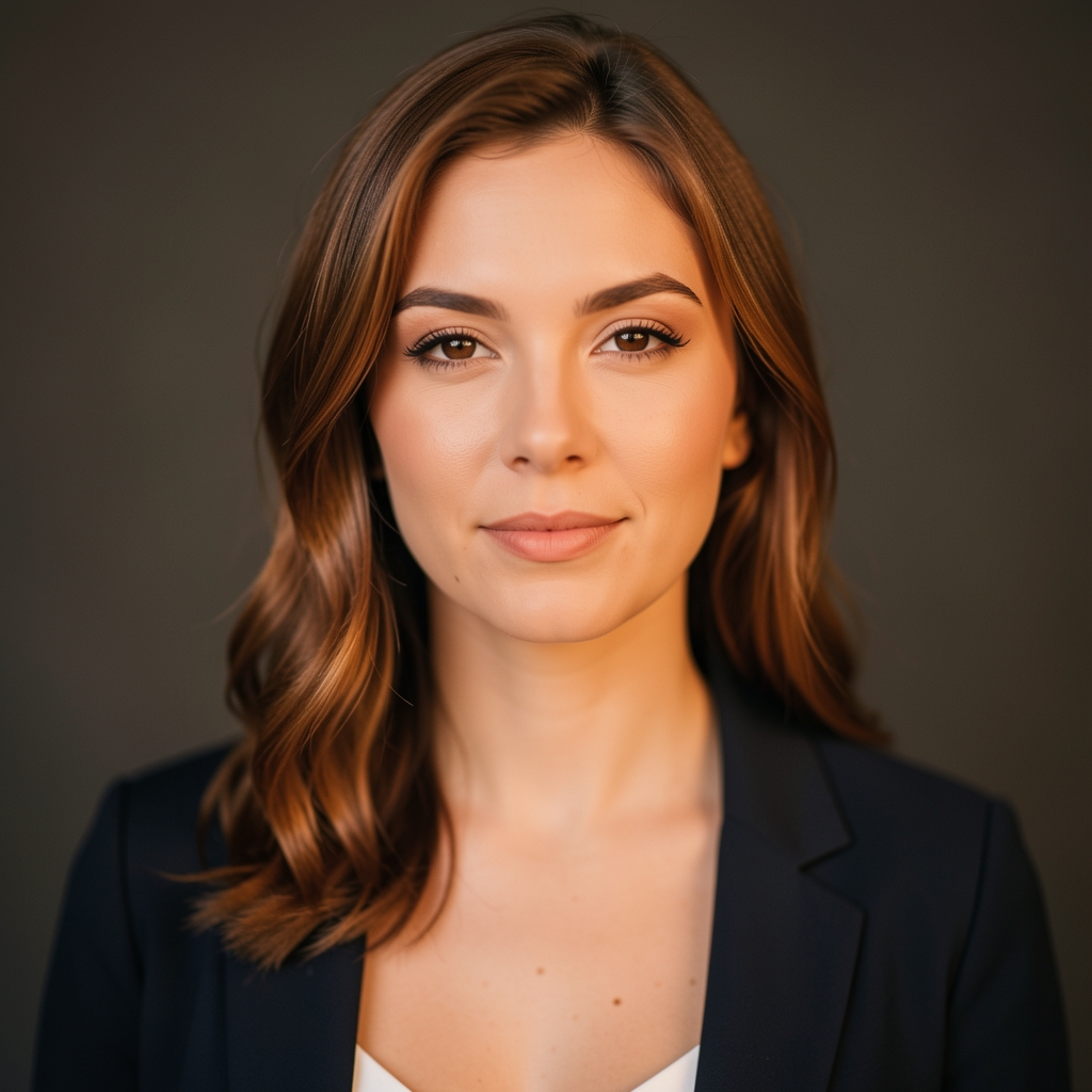 Editorial portrait of a woman in her late twenties, photographed in warm studio lighting against a dark neutral wall, direct gaze and composed expression