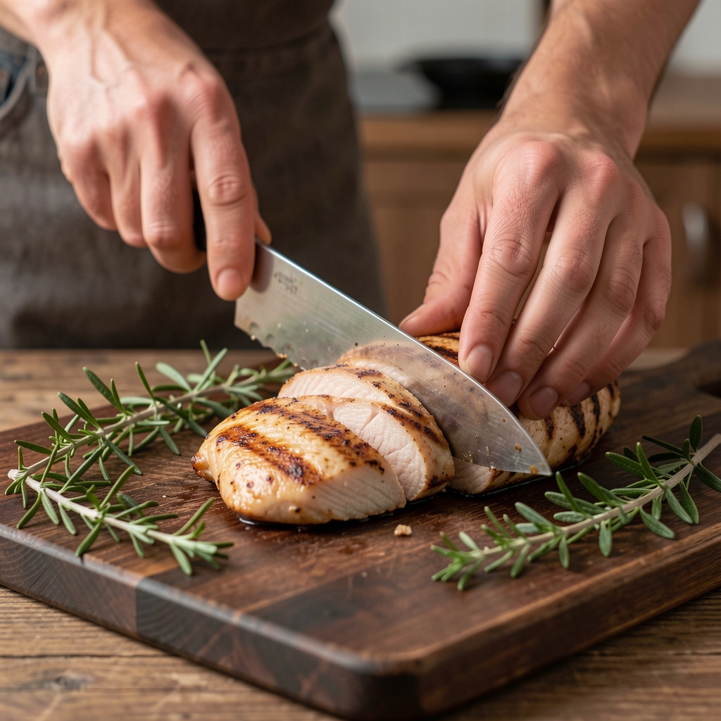 Close-up of hands preparing a protein-rich meal — slicing grilled chicken breast on a dark wooden board with fresh herbs alongside