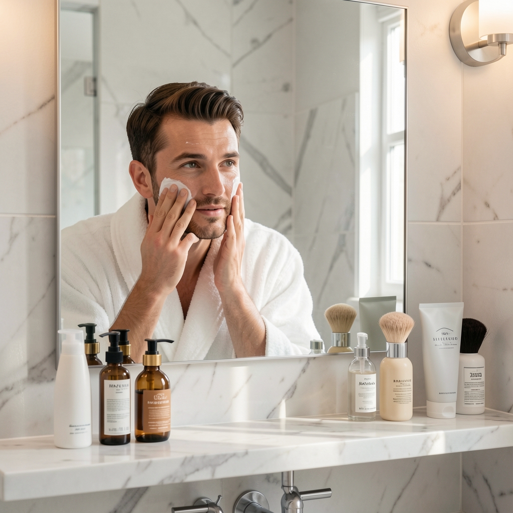 Man applying face moisturiser in a clean bathroom mirror reflection, morning light, organised grooming products on marble shelf