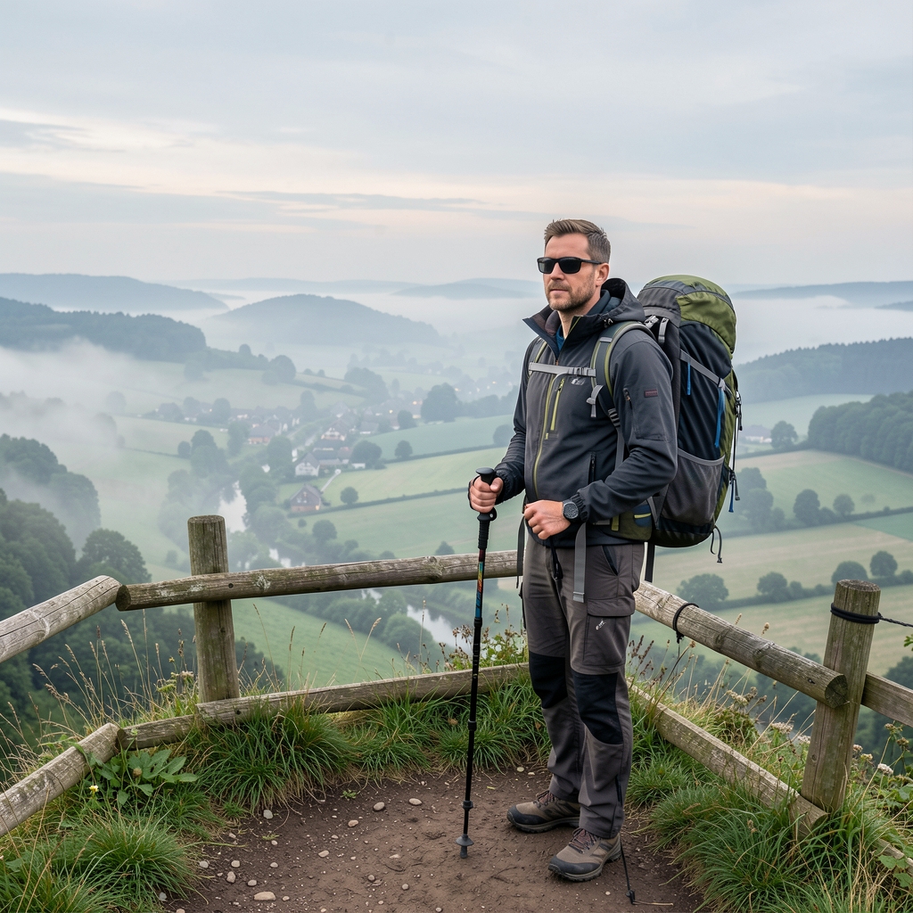 Man in technical outdoor gear standing at a trail viewpoint overlooking a misty Belgian valley, backpack and walking poles visible