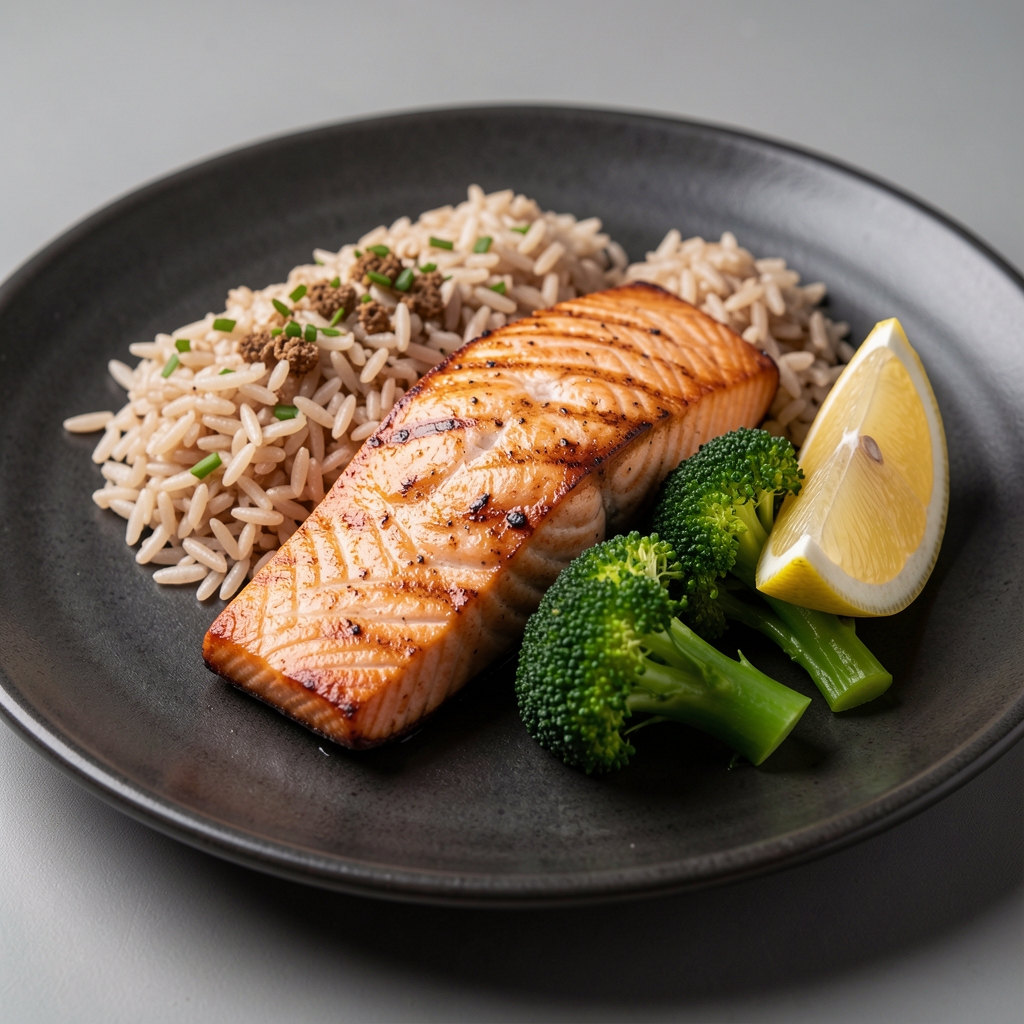 Close-up of a balanced meal plate featuring grilled salmon fillet, steamed broccoli, brown rice and lemon wedge on a dark ceramic plate with controlled studio lighting