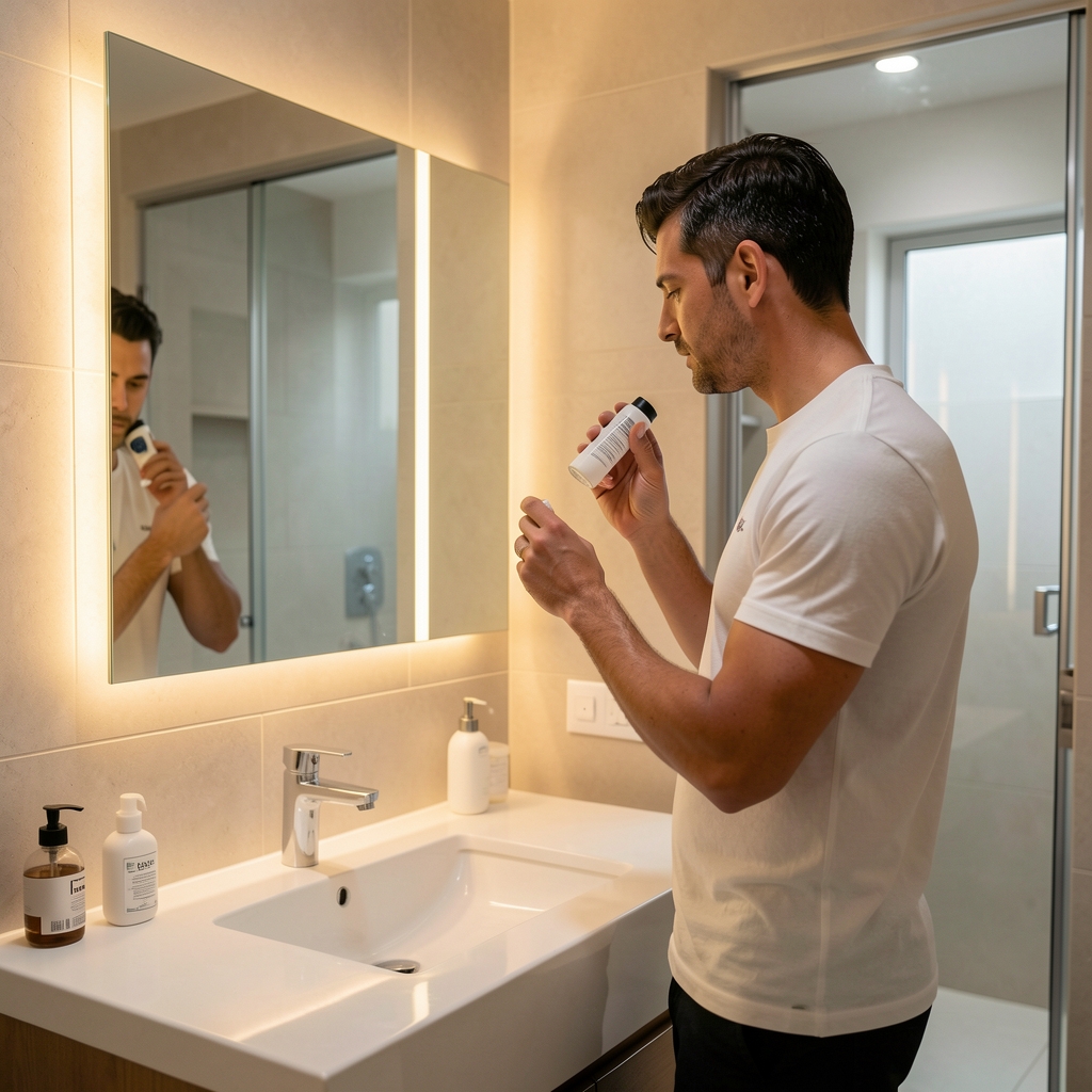 Man standing at a bathroom mirror applying grooming product, clean modern bathroom with warm accent lighting