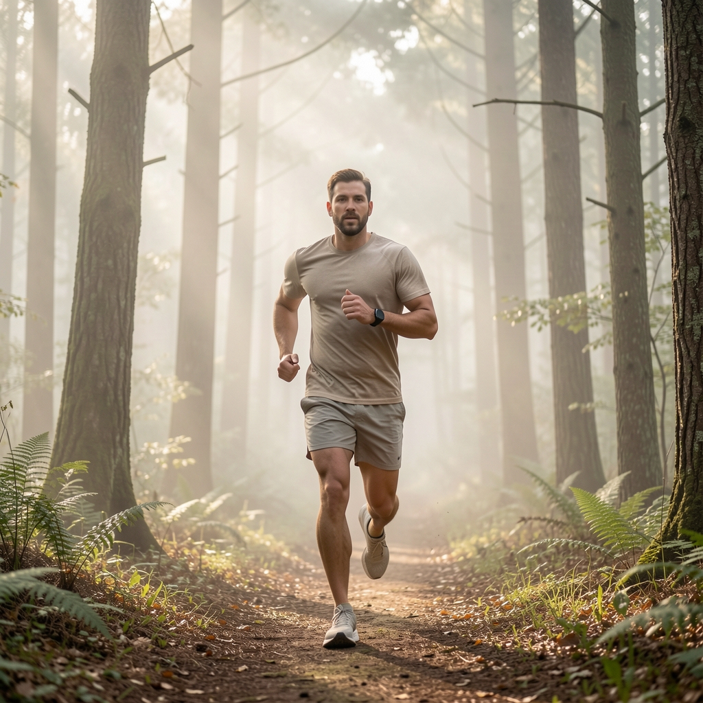 Man trail running through a forest in the early morning, mist visible between the trees, wearing neutral sportswear