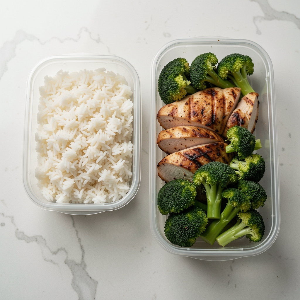 Overhead shot of meal prep containers with balanced portions of rice, grilled chicken, and steamed broccoli on a clean kitchen counter